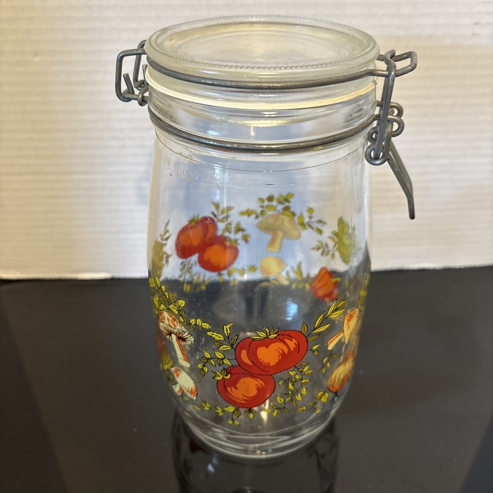 Vintage ARC Spice of Life Glass Mushroom Vegetable Jar Canister Bail Lid France